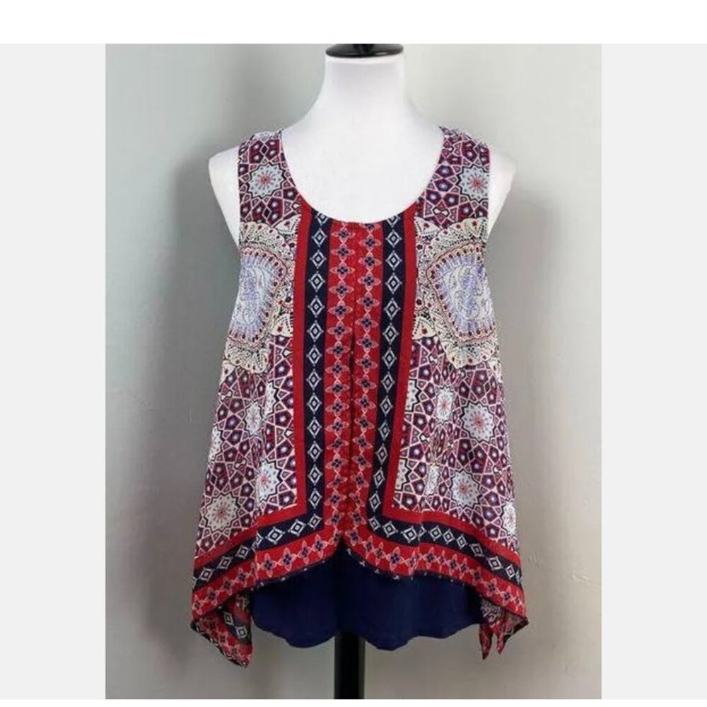 B-Design Sz S Boho Sleeveless Blouse Red White & Blue Print w Blue Tank Insert